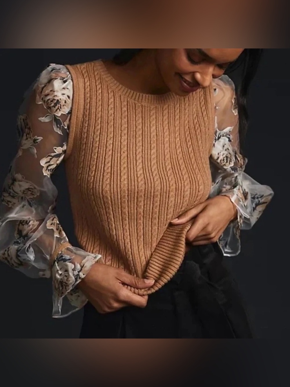 Anthropologie Maeve S Cable Knit Sheer Floral Puff Sleeve Sweater Coquette Shirt